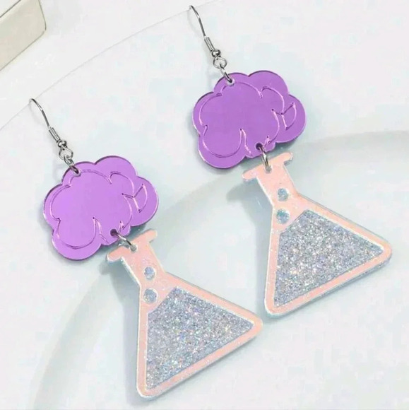 Women's silver sparkle dangle earrings Chemistry science teacher purple blue - Picture 4 of 7
